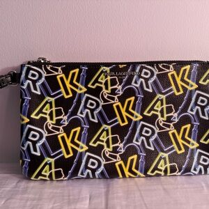 Karl Lagerfeld Black Logo-Print Toiletry Pouch with Yellow & Blue Accents.